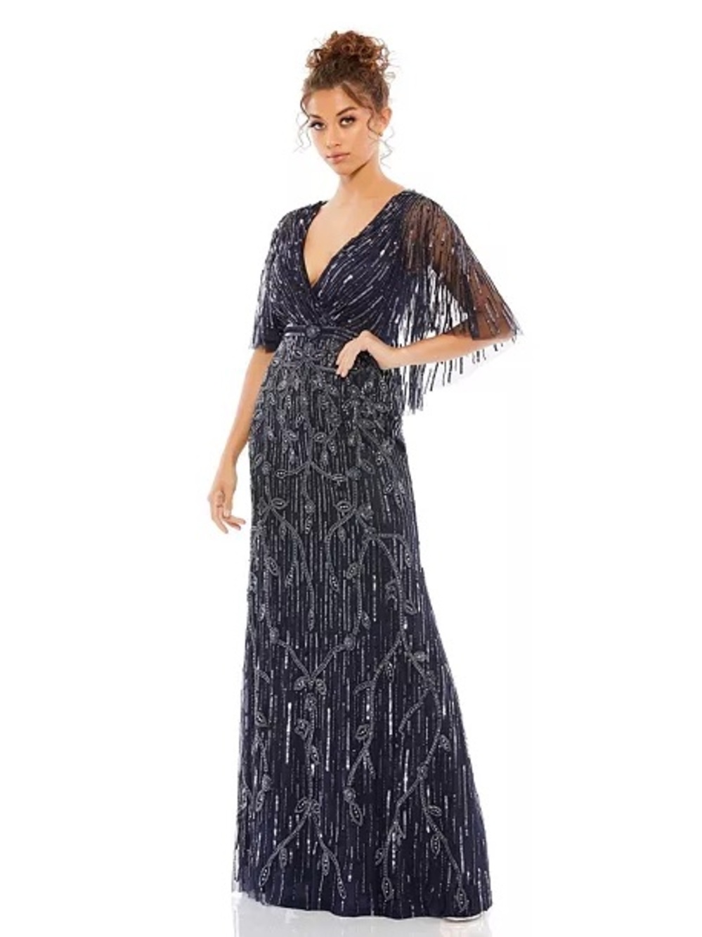 Mac Duggal Navy Beaded Fringe Maxi Gown - minimal beading damage